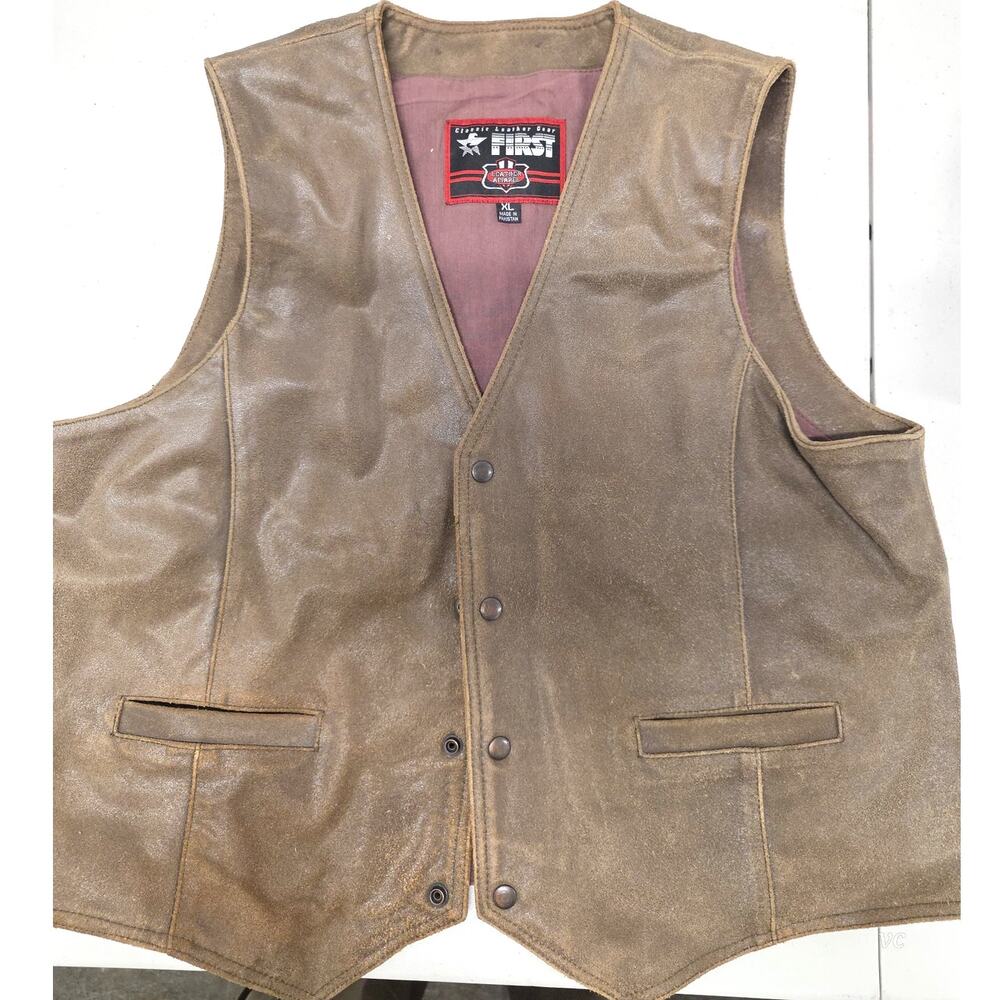 First Mfg Co Brown Distressed Leather Biker Vest Mens XL Snap Front